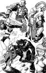  1girl 1other 4boys arm_shield armor armored_boots artist_name belt black_panties boots breast_cutouts breastplate cheerleader claws commentary curved_horns facial_hair feathered_helmet fighting_stance full_body fur-trimmed_overskirt fur_trim furauji gauntlets goatee greyscale helm helmet highres holding holding_shield holding_sword holding_weapon knight male_focus minotaur monochrome monster multiple_boys mustache one_eye_closed original overskirt panties pauldrons pom_pom_(cheerleading) scar scar_across_eye scar_on_face shield shoulder_armor speech_bubble sword thought_bubble underwear visor_(armor) weapon 