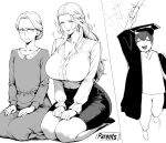  1boy 2girls breast_envy breasts commentary diploma english_commentary english_text final_fantasy final_fantasy_xiv glasses graduation happy hat holding holding_diploma jamjamstyle kneeling large_breasts looking_at_another mole mole_under_eye mother_and_child mother_and_son multiple_girls parent_and_child school_uniform sign venat_(ff14) 