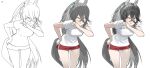  1girl absurdres animal_ears bare_arms black_hair blush bra_visible_through_clothes breasts commentary dated_commentary hair_between_eyes hand_on_own_hip highres horse_ears horse_girl horse_tail leaning_forward lineart long_hair making-of manhattan_cafe_(umamusume) medium_breasts monochrome open_mouth ponytail red_shorts shirt short_shorts short_sleeves shorts solo sweat t-shirt tail umamusume very_long_hair wazawai_(isotwen) white_shirt wiping_sweat 