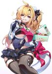  1girl absurdres ahoge bare_shoulders blonde_hair breasts brown_thighhighs chalky_(zenless_zone_zero) cissia_(zenless_zone_zero) closed_mouth collarbone commentary cowboy_shot detached_sleeves donut finger_to_face food hair_between_eyes hair_ornament hairclip hehe_611 highres holding invisible_chair large_breasts leotard long_hair looking_at_viewer metal_wrist_cuffs multicolored_leotard pastry_box pom_pom_(clothes) pom_pom_hair_ornament red_eyes shock_collar simple_background sitting snake snake_girl snake_tail solo tail thighhighs tongue tongue_out two-tone_leotard underboob white_background white_snake zenless_zone_zero 