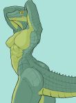  abs anthro back_muscles big_butt breasts butt crocodile crocodilian crocodylid f_draws featureless_breasts female green_body green_scales hands_behind_head hi_res looking_at_viewer muscular muscular_anthro muscular_female non-mammal_breasts pupils reptile scales scalie sharp_teeth slit_pupils solo teeth thick_tail yellow_sclera 