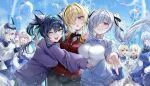  6+girls ? aqua_hair black_bow black_hair black_pantyhose blonde_hair blue_bow blue_cardigan blue_dress blue_eyes blue_gloves blue_skirt blush bow breasts bubble cardigan cinderella_(nikke) closed_eyes closed_mouth collared_shirt colored_eyelashes colored_inner_hair commentary_request crown_(nikke) dress ferris_wheel food_in_mouth gloves goddess_of_victory:_nikke grave_(nikke) grey_hair hair_bow hair_intakes hair_over_one_eye half-heart_hands head-mounted_display heart heart_hands heart_hands_duo highres holding holding_ice_cream_cone holding_spoon ice_cream_cone jacket large_breasts little_mermaid_(nikke) long_hair long_sleeves looking_at_viewer mayreellove mechanical_arms medium_breasts multicolored_hair multiple_girls nayuta_(nikke) one_eye_closed one_eye_covered open_clothes open_jacket open_mouth pants pantyhose pioneer_(nikke) purple_cardigan rapunzel_(nikke) red_cardigan red_eyes roller_coaster scarlet_(nikke) school_uniform shirt sidelocks single_mechanical_arm skirt small_breasts smile snow_white_(nikke) spoon thumbs_up twintails very_long_hair visor_lift w white_eyelashes white_hair white_jacket white_shirt yellow_eyes 