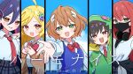  5girls ahoge animal_hood anno_akira anno_syura artist_request black_hair black_mask black_shirt blonde_hair blue_hair blue_sweater_vest blush bow bowtie brown_cardigan cardigan cardigan_partially_removed clothes_around_waist commentary_request dragon_musume_ni_naritakunai! duel_masters green_eyes green_hoodie hair_between_eyes hair_ornament harusaki_eiku headphones headphones_around_neck highres hood hood_up hoodie hoshi_feruki jacket jacket_around_waist long_hair looking_at_viewer mask mouth_mask multicolored_hair multiple_girls necktie official_art open_mouth orange_eyes plaid_clothes plaid_skirt purple_hair reaching reaching_towards_viewer red_bow red_bowtie red_hair red_necktie ribbed_sweater rudo_thana school_uniform shirt shirt_under_shirt short_hair skirt sweater sweater_vest teeth upper_body upper_teeth_only white_mouth white_shirt 
