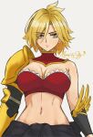  1girl absurdres armor blonde_hair breasts cleavage commentary crop_top dimaria_yesta fairy_tail frills highres looking_at_viewer moonstosky pauldrons short_hair shoulder_armor single_pauldron solo tagme yellow_eyes 
