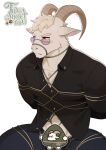  1boy absurdres animal_ears arms_behind_back artist_request black_shirt blue_pants closed_mouth copyright_logo copyright_name english_commentary furry furry_male goat_boy goat_ears goat_horns highres horizontal_pupils horns logo looking_to_the_side male_focus muscular muscular_male official_art pants pectorals round_eyewear shibari shibari_over_clothes shin_(toriaba) shirt sweat trivia_about_you white_background 