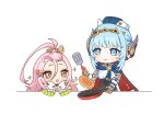  2girls :o ahoge aino_(genshin_impact) android bangs_pinned_back blue_cape blue_eyes blue_hair blue_hat blush braid bright_pupils cape chibi chibi_only closed_mouth coat colored_eyelashes commentary_request eyelashes food frying_pan genshin_impact gold_hairband grey_eyes hair_between_eyes hair_ornament hairband hairclip hand_up hat headgear holding holding_frying_pan holding_spatula hood hood_down hooded_cape huge_ahoge ineffa_(genshin_impact) kurumi_dangoo lab_coat long_hair multiple_girls open_clothes open_coat open_mouth pancake pink_hair red_cape ringed_eyes robot_girl screw_hair_ornament short_eyebrows sidelocks simple_background sleeves_past_fingers sleeves_past_wrists smile sparkle spatula swept_bangs teeth two-sided_cape two-sided_fabric upper_body upper_teeth_only white_background white_coat white_pupils wrist_cuffs x_hair_ornament 