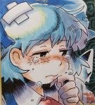  1girl absurdres blue_bow blue_dress blue_hair bow cirno collared_shirt commentary_request crossed_bandaids crying crying_with_eyes_open dated defeat detached_wings dress hair_bow highres ice ice_wings kokechankokko pinafore_dress shikishi shirt sleeveless sleeveless_dress solo tears touhou traditional_media white_shirt wings 