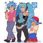  aqua_eyes aqua_hair aqua_nails aqua_necktie aqua_trim backwards_hat baseball_cap black_sleeves blank_eyes blue_pants boyfriend_(friday_night_funkin') cigarette color_connection commentary crossover denim detached_sleeves east-west_crossover english_commentary friday_night_funkin' gorillaz grey_shirt hair_color_connection hat hatsune_miku headset highres jeans long_hair multiple_crossover necktie number_tattoo pants pink_shirt red_hat red_shoes shirt shoes short_male sleeveless sleeveless_shirt smoking speech_bubble stuart_pot tattoo trait_connection twintails very_long_hair vocaloid yuyu197100 
