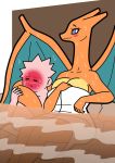  anthro big_breasts blush bodily_fluids breasts charizard female franschesco_(artist) hi_res hot_spring human human_on_anthro interspecies larger_female male mammal nintendo partially_submerged pok&eacute;mon pok&eacute;mon_(species) size_difference smaller_male sweat towel towel_only video_games water 