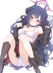  1girl absurdres ass bikini black_choker black_hair black_horns black_jacket black_shirt black_socks blue_archive blush chiaki_(blue_archive) chiaki_(swimsuit)_(blue_archive) choker closed_mouth commentary curved_horns demon_girl demon_horns halo hands_up highres horns jacket kanikama_acedia kneehighs knees_up long_hair long_sleeves looking_at_viewer lying multicolored_horns o-ring o-ring_bikini o-ring_top official_alternate_costume on_back open_clothes open_shirt red_eyes red_halo red_jacket shirt simple_background smile socks solo swimsuit thighs two-sided_fabric two-sided_jacket two-tone_horns untranslatable_commentary very_long_hair white_background white_bikini 