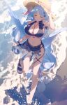  absurdres beach bikini black_bikini black_sarong blue_archive blue_wings blush braid breasts commentary_request feathered_wings french_braided_ponytail green_eyes hand_on_headwear hat highres holding_sarong large_breasts legs long_hair mine_(blue_archive) mine_(c108_swimsuit)_(blue_archive) navel necklace_between_breasts outdoors sandals sarong see-through_clothes see-through_sarong shadow signature single_braid smile straw_hat sun_hat swimsuit tamagore very_long_hair whistle whistle_around_neck wings 