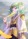  1boy absurdres androgynous aqua_background black_pants colored_skin commentary_request dragon_quest dragon_quest_x ensu_(dq10) fairy_wings falling_feathers feathers floating_hair gem gold_tiara green_hair highres holding holding_feather looking_at_viewer looking_down male_focus momo_nei pants pink_skin pointy_ears ponytail red_eyes red_gem robe sample_watermark solo vest watermark white_robe wings yellow_vest 