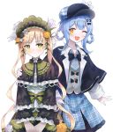  2girls :d ;d bird_hat_ornament black_bow black_bowtie black_capelet black_flower black_rose blonde_hair blue_hair blue_hat blue_necktie blue_skirt blush bonnet bow bowtie braid braided_hair_rings capelet commentary cowboy_shot deerstalker fang flower flower-trimmed_skirt frilled_capelet frilled_skirt frilled_sleeves frills glazearty green_bonnet green_skirt hair_between_eyes hair_bow hair_flower hair_ornament hair_rings hand_on_another's_shoulder hat highres leaf_hair_ornament lolita_fashion long_hair long_sleeves looking_at_another looking_to_the_side mahou_shoujo_no_majo_saiban medium_hair medium_skirt multiple_girls necktie one_eye_closed open_mouth plaid_clothes plaid_hat plaid_skirt rose short_necktie sidelocks skin_fang skirt smile tachibana_sherry tono_hanna twintails very_long_hair white_flower white_rose wide_sleeves winged_hat yellow_eyes yellow_flower yellow_rose 
