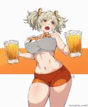  1girl :o alcohol alternate_costume artist_logo artist_name bare_shoulders beer beer_mug blonde_hair blush breasts burnice_white commentary crop_top cup employee_uniform english_commentary fang hair_between_eyes hair_ornament holding hooters jk_arts large_breasts logo looking_to_the_side medium_hair missing_legwear mug navel open_mouth orange_shorts patreon_username print_tank_top red_eyes shirt short_shorts shorts simple_background solo stomach tank_top taut_clothes taut_shirt thick_thighs thighs twintails twitter_username zenless_zone_zero 