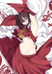  1girl absurdres arm_up armpits ascot bare_shoulders bow breasts brown_hair commentary_request crop_top detached_sleeves dress evil_smile frilled_dress frilled_shirt_collar frilled_skirt frilled_sleeves frills grin hair_between_eyes hair_bow hakurei_reimu high-low_skirt highres japanese_clothes long_skirt looking_at_viewer lowleg lowleg_skirt medium_breasts midriff miko navel red_eyes red_shirt red_skirt shirt short_hair sideboob sidelocks skirt smile solo talisman touhou unanooo_(fthx7532) underboob white_background white_sleeves yellow_ascot 