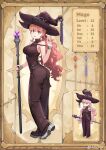  1girl absurdres arms_behind_back artist_name ass backless_pants bare_shoulders blush bodysuit boots bracelet braid breasts brown_bodysuit brown_boots brown_pants character_name chibi chibi_inset closed_mouth commentary covered_navel detached_sleeves english_commentary english_text eyelashes fantasy from_side full_body hair_between_eyes hair_ribbon hair_tie hand_up hat highres holding holding_behind_back holding_staff holding_weapon_behind_back jewelry jun_(navigavi) large_breasts long_hair looking_at_viewer looking_to_the_side mage_(party_o_kumimasen_ka?) mage_staff nose open_hand open_mouth orange_eyes pants party_o_kumimasen_ka? pink_hair purple_hat purple_pants purple_ribbon purple_sleeves ribbon ring shadow shoe_soles short_braid smile staff standing stats suspender_pants teeth turtleneck turtleneck_bodysuit twin_braids upper_teeth_only very_long_hair watermark weibo_username weibo_watermark witch_hat wristband yellow_background 