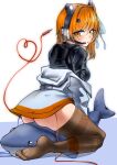  1girl a.i._voice absurdres adachi_rei ass_peek audio_jack black_shirt blue_background blush breasts cable commentary from_behind full_body hair_ribbon headlamp headset highres jacket jacket_partially_removed long_sleeves looking_at_viewer looking_back medium_hair one_side_up orange_eyes orange_hair radio_antenna ribbon shiguseru shirt sitting_on_stuffed_toy solo stuffed_animal stuffed_shark stuffed_toy thighhighs two-tone_background utau white_background white_jacket white_ribbon 