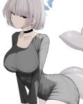  1girl absurdres black_choker blue_archive breasts cetacean_tail choker commentary_request dress fins fish_tail grey_dress grey_hair halo highres kotone_(blue_archive) mole mole_under_eye poolpool short_hair simple_background tail tsurime 