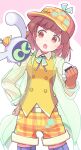  >_o 1girl absurdres aqua_ribbon atari_(&amp;_puubot)_(puyopuyo) atari_(puyopuyo) baseball_cap belt blue_thighhighs brown_belt brown_hair coat collared_shirt commentary cowboy_shot floating food food_wrapper gingham_shorts gloves hand_on_own_hip hat head_tilt highres holding holding_food jazz_grace looking_at_another medium_hair neck_ribbon official_alternate_costume one_eye_closed onigiri open_clothes open_coat orange_gloves orange_hat orange_shorts orange_vest puubot_(puyopuyo) puyopuyo puyopuyo_quest red_eyes ribbon see-through_clothes see-through_coat shirt shorts standing thighhighs vest white_shirt 