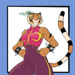  anthro asian_clothing blue_eyes breasts capcom chinese_clothing chinese_dress chun-li clothing cosplay dress east_asian_clothing f_draws felid female fur grin hands_on_hips hi_res lu_(f_draws) mammal orange_body orange_fur pantherine smile solo spiked)bracelet street_fighter teeth tiger tight_clothing video_games 
