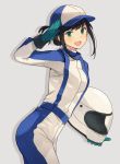  1girl :d baseball_cap black_hair cowboy_shot fubuki_(kantai_collection) gloves green_eyes green_gloves grey_background hat helmet holding holding_helmet kantai_collection kasumi_(skchkko) long_sleeves official_alternate_costume open_mouth short_hair short_ponytail simple_background smile solo 