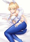  1girl absurdres ahoge artoria_pendragon_(all) artoria_pendragon_(swimsuit_ruler)_(fate) ass bangs bare_shoulders blonde_hair blue_legwear blush braid breasts cleavage clothing_cutout fate/grand_order fate_(series) feather_boa fishnet_legwear fishnets french_braid fuwatoromonta green_eyes high_heels highres large_breasts leotard looking_at_viewer navel_cutout parted_lips ponytail sidelocks thighs tiara white_leotard 