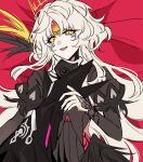  2girls black_dress black_gloves black_nails black_sleeves character_pov code:_antithese_(elsword) code:_ultimate_(elsword) crown dress eirlys_els elsword eve_(elsword) facial_mark feather_trim gloves head_ornament highres jellyfish_cut long_sleeves looking_at_viewer lying multiple_girls on_back on_bed open_mouth parted_bangs pov pov_hands puffy_sleeves red_background smile strangling white_hair yellow_eyes 