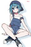  1girl absurdres backwards_hat baseball_cap black_shoes blue_eyes blue_hair blue_hat blue_overalls closed_mouth collarbone converse denim denim_headwear denim_overalls dot_nose full_body hair_ornament hairclip hat high_tops highres indian_style light_blush looking_at_viewer mahou_shoujo_madoka_magica mahou_shoujo_madoka_magica_(anime) miki_sayaka mitsureki_meyli overall_shorts overalls shirt shoes short_hair simple_background sitting sleeveless sleeveless_shirt sneakers solo suspenders suspenders_slip white_background white_shirt 