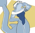  anthro biceps black_eyes clothing cute_fangs f_draws female fin fish flexing gills grey_body grey_skin head_fin hi_res leotard marine muscular muscular_anthro muscular_female sailor_hat selene_(f_draws) shark sharp_teeth solo tail_fin tattoo teeth thick_tail tight_clothing wide_hips 