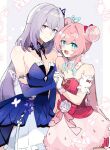  2girls :d animal_print aqua_eyes aqua_streaks bow breasts bright_pupils butterfly_print castorice_(gossamer_flutter)_(honkai:_star_rail) castorice_(honkai:_star_rail) commentary detached_collar detached_sleeves double_bun dress floral_print gloves gradient_hair hair_bun hair_ornament holding_hands honkai:_star_rail honkai_(series) hyacine_(honkai:_star_rail) hyacine_(warm_cotton_skies)_(honkai:_star_rail) interlocked_fingers jewelry layered_dress light_smile long_hair looking_at_viewer multicolored_hair multiple_girls necklace official_alternate_costume official_alternate_hairstyle pearl_necklace pink_bow pink_dress pink_hair puffy_short_sleeves puffy_sleeves purple_dress purple_eyes purple_hair sekken88 short_sleeves smile sparkling_eyes streaked_hair untranslatable_commentary very_long_hair white_gloves 