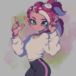  1girl aqua_eyes asymmetrical_hair black_pants blush commentary cowboy_shot dayo34 english_commentary eyelashes grey_background highres index_finger_raised long_sleeves medium_hair octoling octoling_girl octoling_player_character pants pink_hair pointy_ears smile solo splatoon_(series) sweater tentacle_hair thick_eyebrows white_sweater 