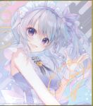  1girl 9-nine- :d alternate_costume apron back_bow blue_dress blush bow braid breasts candy_hair_ornament character_name dress enmaided eyes_visible_through_hair food-themed_hair_ornament frilled_apron frills grey_hair hair_between_eyes hair_ornament hand_up heart heart_ornament izumi_tsubasu long_hair looking_at_viewer maid maid_apron maid_headdress medium_breasts niimi_sora official_art open_hand open_mouth purple_eyes shikishi side_ponytail sidelocks signature simple_background single_bare_shoulder single_braid sleeveless sleeveless_dress smile smug solo third-party_source upper_body v-shaped_eyebrows white_apron white_bow white_wrist_cuffs wrist_cuffs 