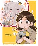  1girl ? black_gloves brown_eyes brown_hair brown_shirt collared_shirt commentary_request dated elephant gloves hair_bun imagining izumiyamisono kantai_collection military_uniform multicolored_hair parted_bangs sash shirt shoulder_sash smile streaked_hair thonburi_(kancolle) translation_request twitter_username undersized_animal upper_body yellow_background 