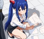  1boy 1girl black_shoes black_skirt blue_hair brown_eyes collared_shirt dot_nose fairy_tail from_above full_body high_heels highres holding holding_paper lanyard looking_at_viewer looking_up miniskirt office_lady panties pantyshot paper sesshoalex shirt shoes skirt twintails underwear wendy_marvell white_panties 