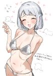  1girl :d ^_^ absurdres arm_behind_back bent_v bikini blue_eyes blue_ribbon blush braid breasts cleavage closed_eyes collarbone commentary covered_clitoris cowboy_shot flying_sweatdrops furrowed_brow gakuen_idolmaster grey_hair hair_ribbon half_up_braid halterneck highres idolmaster katsuragi_lilja lowleg lowleg_bikini medium_breasts navel open_mouth ribbon ribbon_in_braid ribs short_hair side-tie_bikini_bottom silver_bikini simple_background smile solo steaming_body stomach sweat swimsuit translation_request v white_background yuki_yu 