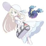  bag blonde_hair braid closed_eyes collared_dress cosmog dress duffel_bag en0p0k floating_hair full_body green_eyes hat highres holding holding_bag lillie_(pokemon) poke_ball_theme pokemon pokemon_(creature) pokemon_sun_and_moon see-through_clothes see-through_skirt_layer simple_background sleeveless sleeveless_dress smog sun_hat sundress twin_braids white_background white_dress white_hat 