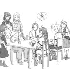  2boys 6+girls afterimage aisha_greyrat bandaged_stomach beard bottle braid chair closed_eyes elf facial_hair full_body glass_bottle glasses holding holding_bottle lillia_greyrat long_hair long_pointy_ears maid multiple_boys multiple_girls mushoku_tensei norn_greyrat old old_man pointy_ears roxy_migurdia rudeus_greyrat rudeus_greyrat_(alternate_timeline) sawa04123873 simple_background sitting smile speech_bubble spoilers sylphiette_(mushoku_tensei) table time_paradox twin_braids very_long_hair white_background zenith_greyrat 