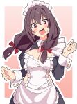  1girl absurdres alternate_costume blush_stickers bow breasts brown_hair cleavage cleavage_cutout clothing_cutout commentary enmaided frills hair_between_eyes hair_bow highres kono_subarashii_sekai_ni_shukufuku_wo! large_breasts long_hair long_sleeves looking_at_viewer low_twintails maid maid_headdress noyama_takenoko open_mouth outline pink_background red_bow red_eyes side_slit simple_background solo sweatdrop twintails white_outline yunyun_(konosuba) 