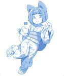  1girl animal_ears blue_theme closed_mouth commentary_request fox_ears fox_girl fox_tail full_body japanese_clothes kimono kitsune kukuri_(mawaru) long_sleeves mawaru_(mawaru) monochrome obi original print_kimono sandals sash short_hair simple_background smile solo standing standing_on_one_leg star_(symbol) star_print tail white_background wide_sleeves zouri 