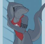  anthro biceps black_eyes breasts cleavage clothed clothing f_draws female fin fish gills head_fin hi_res lifeguard marine muscular muscular_anthro muscular_female non-mammal_breasts one-piece_swimsuit open_mouth selene_(f_draws) shark shark_teeth smile solo swimwear tail_fin tattoo thick_tail tight_clothing 