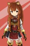  1girl alternate_breast_size_(smaller) animal_ears armor belt black_dress blunt_bangs blush boots breastplate brown_armor brown_belt brown_boots brown_eyes brown_hair closed_mouth collared_dress commentary_request cowboy_shot double-parted_bangs dress flat_chest gauntlets hair_between_eyes hair_tubes high_collar highres layered_dress leather leather_armor leather_boots long_hair long_sleeves looking_at_viewer metal_arm_cuffs metal_hair_tubes metal_wrist_cuffs neck_ribbon partial_commentary pauldrons pinstripe_dress pinstripe_pattern raccoon_ears raccoon_girl raphtalia red_dress red_ribbon ribbon sch1108 short_dress shoulder_armor single_pauldron sleeveless sleeveless_dress smile solo straight_hair tanuki tate_no_yuusha_no_nariagari thigh_boots two-tone_dress white_dress yellow_trim zettai_ryouiki 