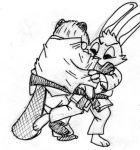  2016 3_toes ambiguous_gender anthro beaver beaver_tail black_and_white calvin_lapin_(spiff) cheek_tuft clothing disney duo ears_up facial_tuft fan_character fight glare lagomorph legwear leporid looking_down low_res male mammal martial_arts_uniform monochrome obi rabbit rear_view rodent shirt_grab simple_background spiff sportswear standing toes topwear traditional_media_(artwork) tuft white_background white_clothing white_legwear white_topwear zootopia 
