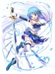  1girl armlet armpits artist_request asymmetrical_skirt bare_shoulders belt belt_buckle blue_belt blue_boots blue_eyes blue_gem blue_hair blue_shirt blue_skirt blue_sleeves boots buckle buttons camisole cape cape_hold clothing_cutout collarbone collared_cape detached_sleeves diamond_button dot_nose floating floating_clothes floating_object floating_sword floating_weapon fortissimo frilled_shirt frills full_body game_asset gem gloves gold_buckle hair_between_eyes hair_ornament hairclip happy high_collar highres holding holding_sword holding_weapon hydrokinesis jewelry jumping knee_up leg_up light_blush looking_at_viewer magical_girl mahou_shoujo_madoka_magica mahou_shoujo_madoka_magica_(anime) mahou_shoujo_madoka_magica_movie_1_&amp;_2 midriff_peek miki_sayaka miki_sayaka_(magical_girl) miniskirt multiple_swords multiple_weapons musical_note musical_note_hair_ornament official_art open_mouth outstretched_arm pleated_skirt second-party_source shironeko_project shirt short_hair simple_background skirt smile solo soul_gem_(madoka_magica) stomach_cutout stomach_jewel strapless strapless_shirt studded_belt studs sword tachi-e tareme thigh_belt thigh_strap thighhighs two-tone_shirt water water_drop weapon weapon_formation white_background white_camisole white_gloves white_shirt white_thighhighs 