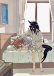  2girls absurdres agnes_tachyon_(umamusume) animal_ears barefoot black_hair brown_hair commentary_request curtains day gachitamago hand_in_another's_hair hand_on_another's_head highres horse_ears horse_girl long_hair manhattan_cafe_(umamusume) morning multiple_girls on_bed painting_(object) pajamas purple_shirt shirt shorts sitting sleeping toes umamusume waking_up white_shirt white_shorts window yuri 