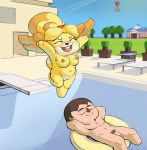  2020 animal_crossing anthro breasts brown_hair buckteeth canid canine canis casual_nudity circumcised diving_board domestic_dog duo eyes_closed female flaccid floating fur genitals hair hi_res human isabelle_(animal_crossing) jumping male mammal muscular muscular_human muscular_male navel nintendo nipples outside penis pubes public_nudity pussy relaxing shih_tzu slightly_chubby swimming_pool teabro teeth toy_dog video_games villager_(animal_crossing) water yellow_body yellow_fur 