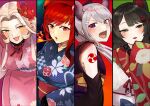  4girls :d absurdres akaya_shiki animal_ears armpit_crease blonde_hair blue_kimono blush breasts breath_weapon breathing_fire brown_hair clothing_cutout column_lineup commentary_request curtained_hair dog_ears dog_girl dola_(5th_costume)_(nijisanji) dola_(nijisanji) fang fangs fire floral_print floral_print_kimono flower grey_hair grey_horns hair_flower hair_ornament hairclip half-closed_eyes hand_up heterochromia highres higuchi_kaede higuchi_kaede_(oni) horns inui_toko inui_toko_(kimono) japanese_clothes jewelry kimono large_breasts leaning_forward long_hair long_sidelocks looking_at_viewer looking_to_the_side mole mole_under_eye multiple_girls multiple_necklaces neck_ribbon necklace nijisanji nui_sociere nui_sociere_(3rd_costume) obi obiage obidome obijime open_mouth pink_kimono ponytail print_kimono purple_eyes purple_flower purple_kimono red_eyes red_flower red_hair red_horns red_kimono red_ribbon red_sash ribbon sash shoulder_cutout shoulder_tattoo sidelocks skin_fang sleeves_past_fingers sleeves_past_wrists slit_pupils small_breasts smile tattoo virtual_youtuber white_sash yellow_eyes yellow_sash 