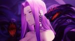  1girl breasts choker cleavage collarbone earrings expressionless fate/grand_order fate_(series) forehead gorgon_(fate) highres jewelry large_breasts lips long_hair looking_to_the_side nose purple_eyes purple_hair sharp_teeth signature siya_ho snake snake_earrings sparkle teeth upper_body very_long_hair 