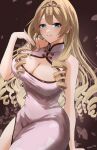 1girl artist_name blonde_hair blue_eyes blunt_bangs breasts brown_background center-flap_bangs chinese_clothes cleavage cleavage_cutout clothing_cutout commentary_request crown_(nikke) double-parted_bangs dress drill_hair drill_sidelocks falling_petals floral_print floral_print_dress gem goddess_of_victory:_nikke gold_tiara hand_up high_collar highres large_breasts long_hair looking_at_viewer mandarin_collar multiple_drills parted_lips petals pink_dress pink_gem print_dress qipao shupita side_slit sidelocks signature simple_background sleeveless sleeveless_dress smile solo tiara upper_body 