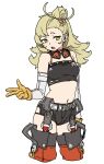  1girl bags_under_eyes bandeau black_bandeau black_shorts blonde_hair breasts crop_top detached_sleeves earrings flat_color gloves goggles goggles_around_neck green_eyes highres houtengeki jewelry looking_at_viewer medium_breasts midriff navel open_mouth orange_gloves piper_wheel shorts simple_background solo stud_earrings teeth thighs upper_teeth_only white_background white_sleeves zenless_zone_zero 