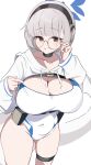  1girl absurdres adjusting_eyewear black_choker blue_archive blue_halo blush breasts brown_eyes choker cleavage clothes_pull collarbone commentary covered_navel cowboy_shot glasses grey-framed_eyewear grey_hair grin halo hand_up headphones highres hood hood_down hooded_shrug kotone_(blue_archive) large_breasts looking_at_viewer minarin_(393939min) one-piece_swimsuit one-piece_swimsuit_pull round_eyewear short_hair shrug_(clothing) simple_background skindentation smile solo swimsuit tail thigh_strap thighs white_background white_one-piece_swimsuit white_shrug 